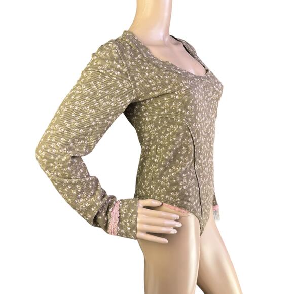 New Intimately Free People Sugar Dreams Earth Combo Floral Thermal Knit Bodysuit - Picture 3 of 5